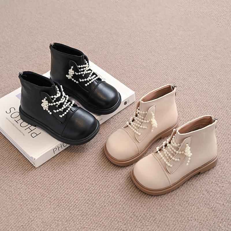 Девочки Жемчуг Принцесса Кожаные Сапоги Мода Детские Теплые Хлопковые Сапоги с Жемчугом Элегантные Детские Короткие Сапоги 2024 Зима Новинка