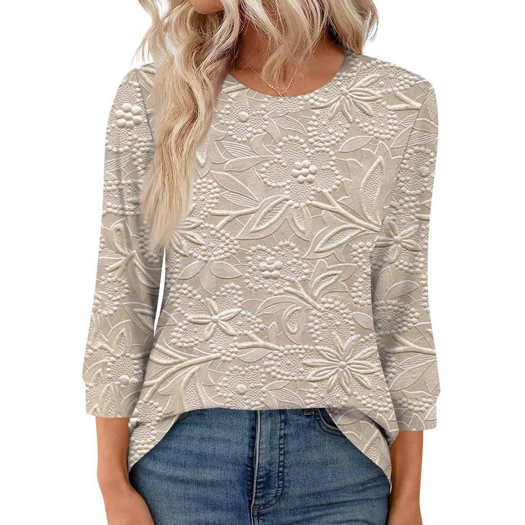 Женская модная повседневная свободная футболка с круглым вырезом и рукавами 3/4 с принтом, женский топ