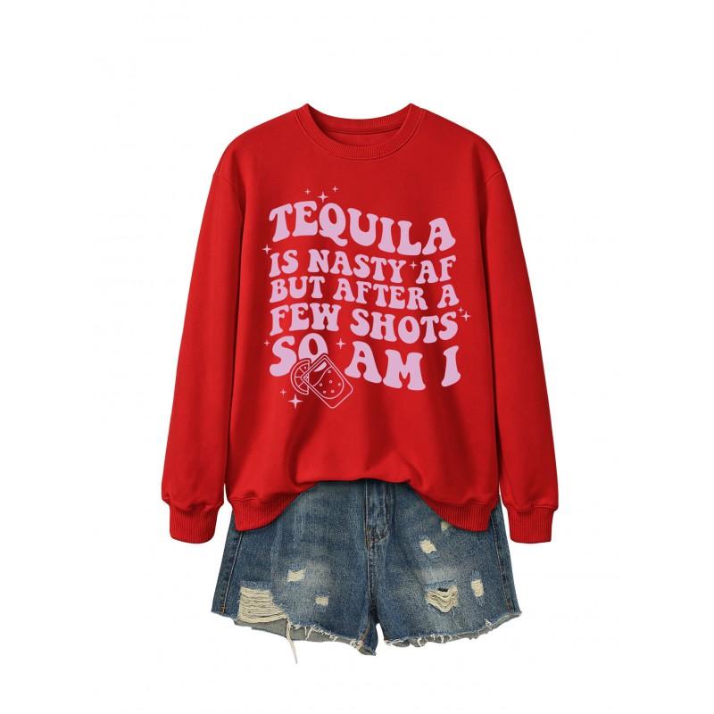 Tequila Is Nasty Af Casual Womens Winter Hoodie Graphic Print Round Neck Long Sleeve Sweatshirt
