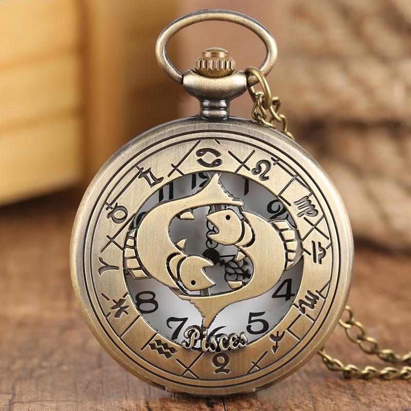 Астрология 12 Созвездий Зодиак Ретро Карманные Часы Бронзовый Кулон на Цепочке Мужской Женский Полый Откидная Крышка Кварцевые Рождественские Подарки