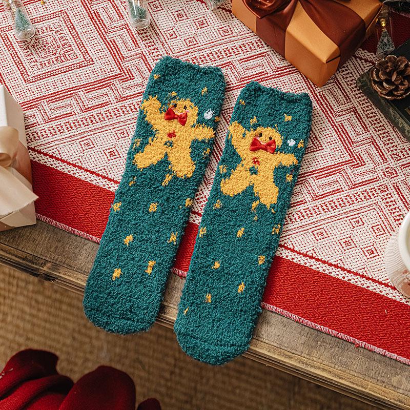 Новые женские осенне-зимние утолщенные носки из кораллового флиса на Рождество, женские носки-тапочки до середины икры, носки для сна с трехмерным рисунком