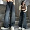 Fashion Teenager Girls Denim Wide Leg Pants Children Trousers Spring Autumn Love Pattern Girls Jeans 5-14 Years Kids Clothes