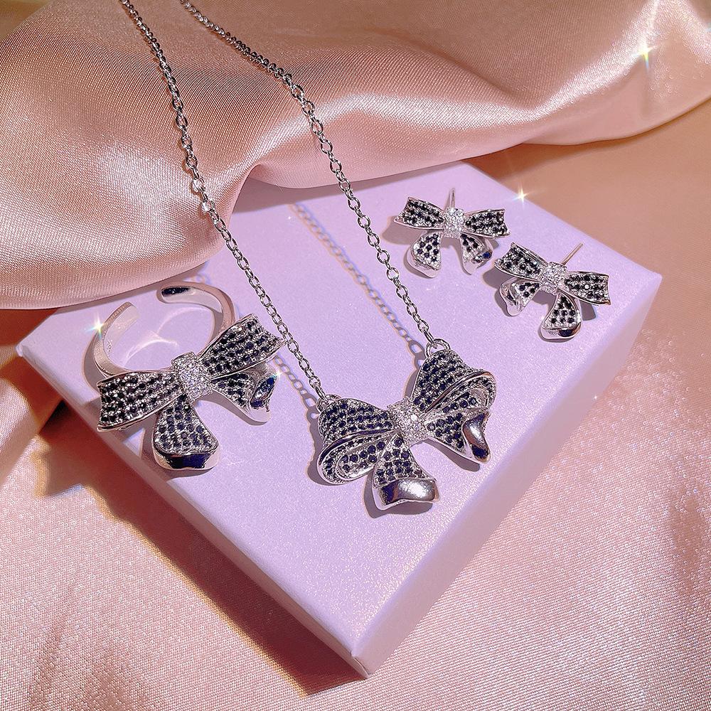 Sweet Creative Sea Bow Necklace Female Stamp Black Gold Two Tone Stud Earrings Ring Jewelry Set