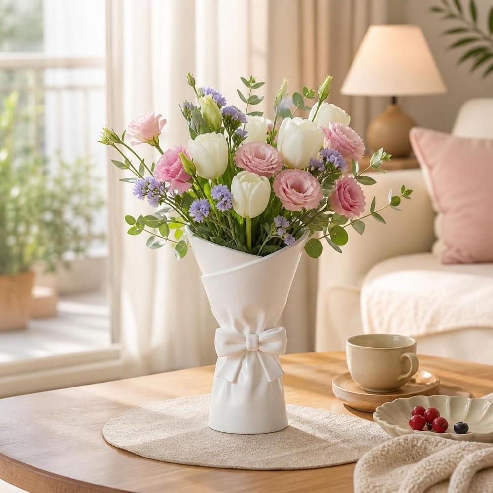 Nordic Style Bow Bouquet Shaped Vase White Minimalist Flower Vase Floral Display Container Gift