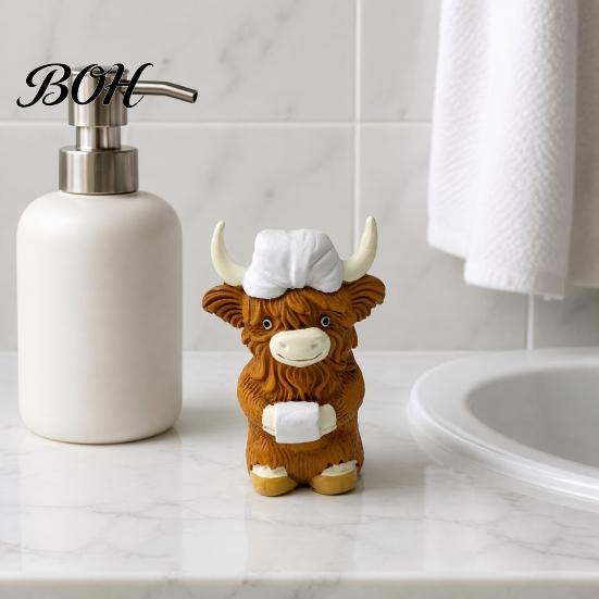 Decorative Figurine for Bathroom Highland Cow Resin Figurine, Cute Bath Cap Statue, Small Animal Shelf Sculpture Desk Vanity Bathroom, Unique