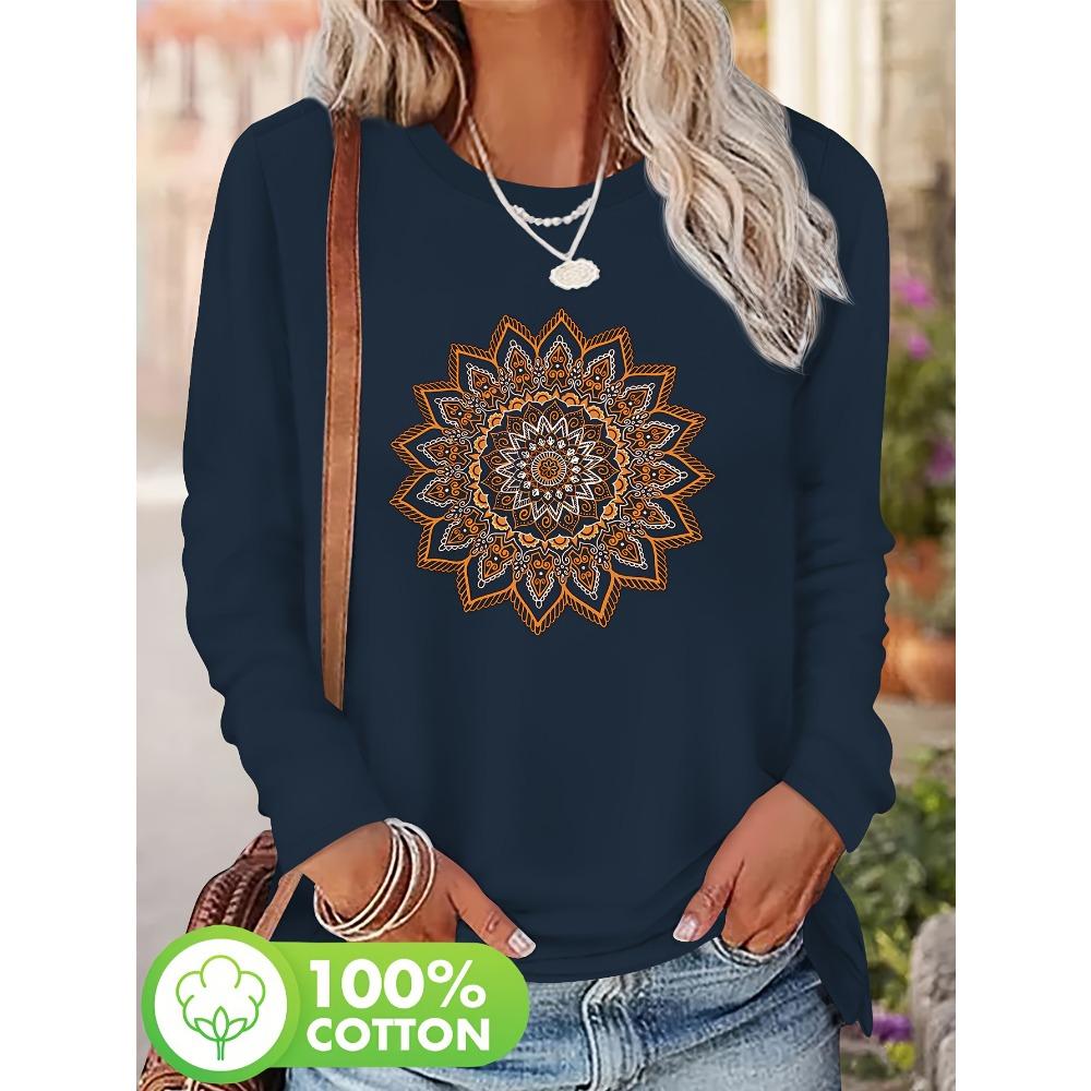 Women's 100% Cotton Long Sleeve T-Shirt Dragonfly Print round Neck Casual Fashion Top for Spring And Autumn