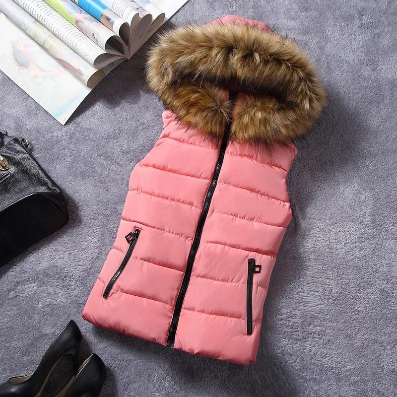 Casual Pure Color Zipper Cotton Hoodie Sleeveless Vest for Women