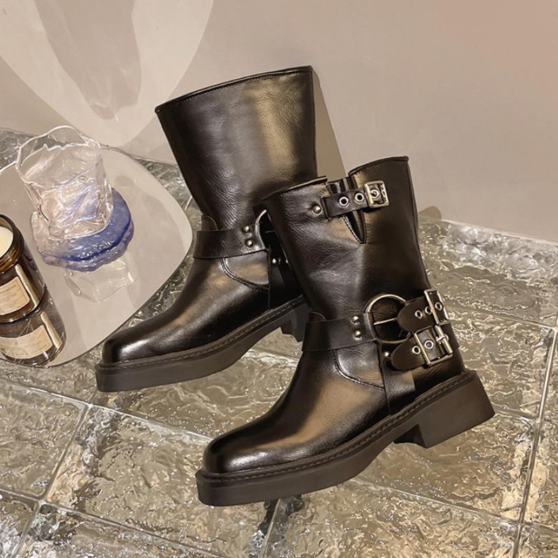 Модные новые коричневые длинные сапоги в стиле ретро с металлическим украшением, ковбойские байкерские сапоги в стиле ковбоя, грубые каблуки, высокие сапоги-трубы в английском стиле, женские дизайнеры
