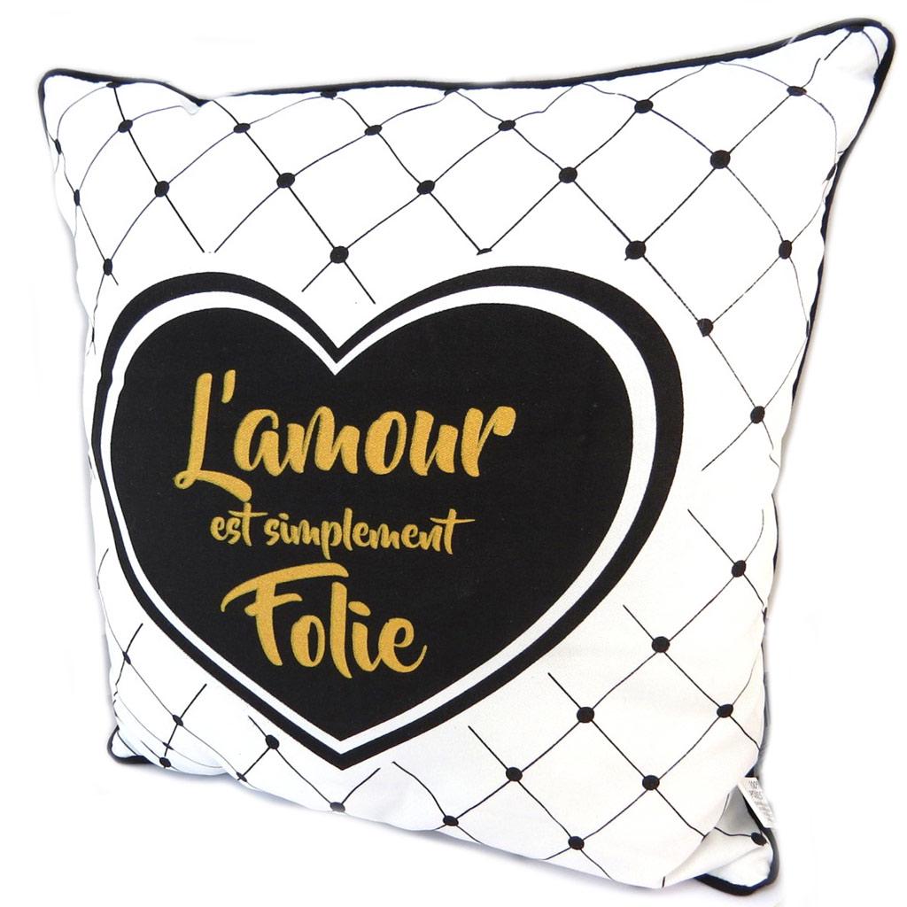 Les Trésors De Lily [P2966] - Designer Cushion 'Messages' White Black Gold (Love Is Simply Madness) - 30 Cm