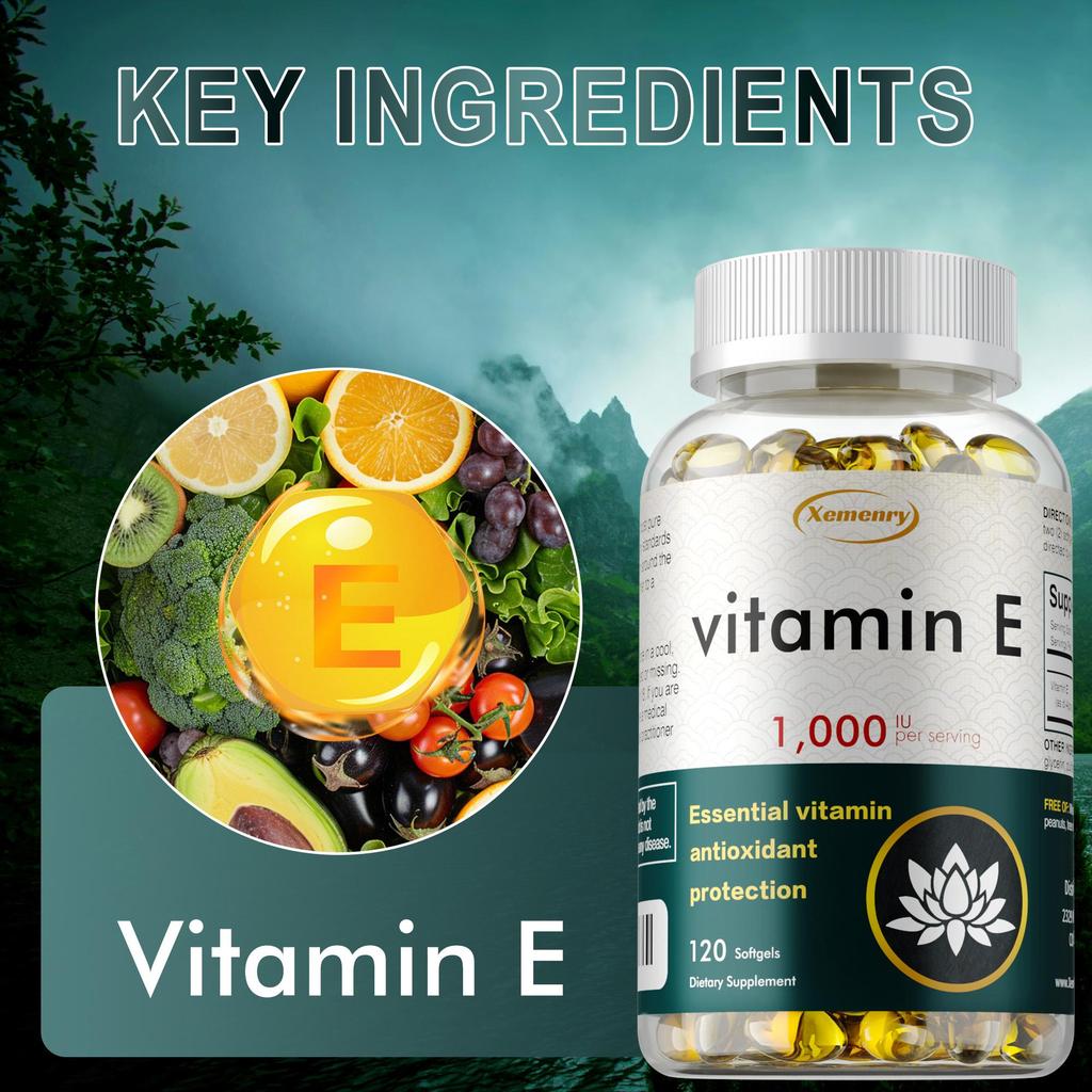 High-purity vitamin E extract capsules, all-natural, gluten-free, 120 capsules, suitable for adults.