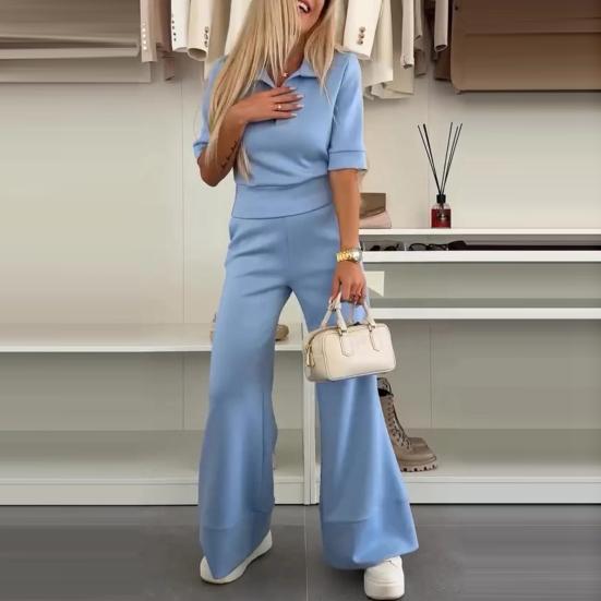 2 шт./компл. Женская повседневная рубашка и брюки, однотонный весенне-летний отложной воротник, короткий рукав, высокая талия, широкие брюки, длинные брюки