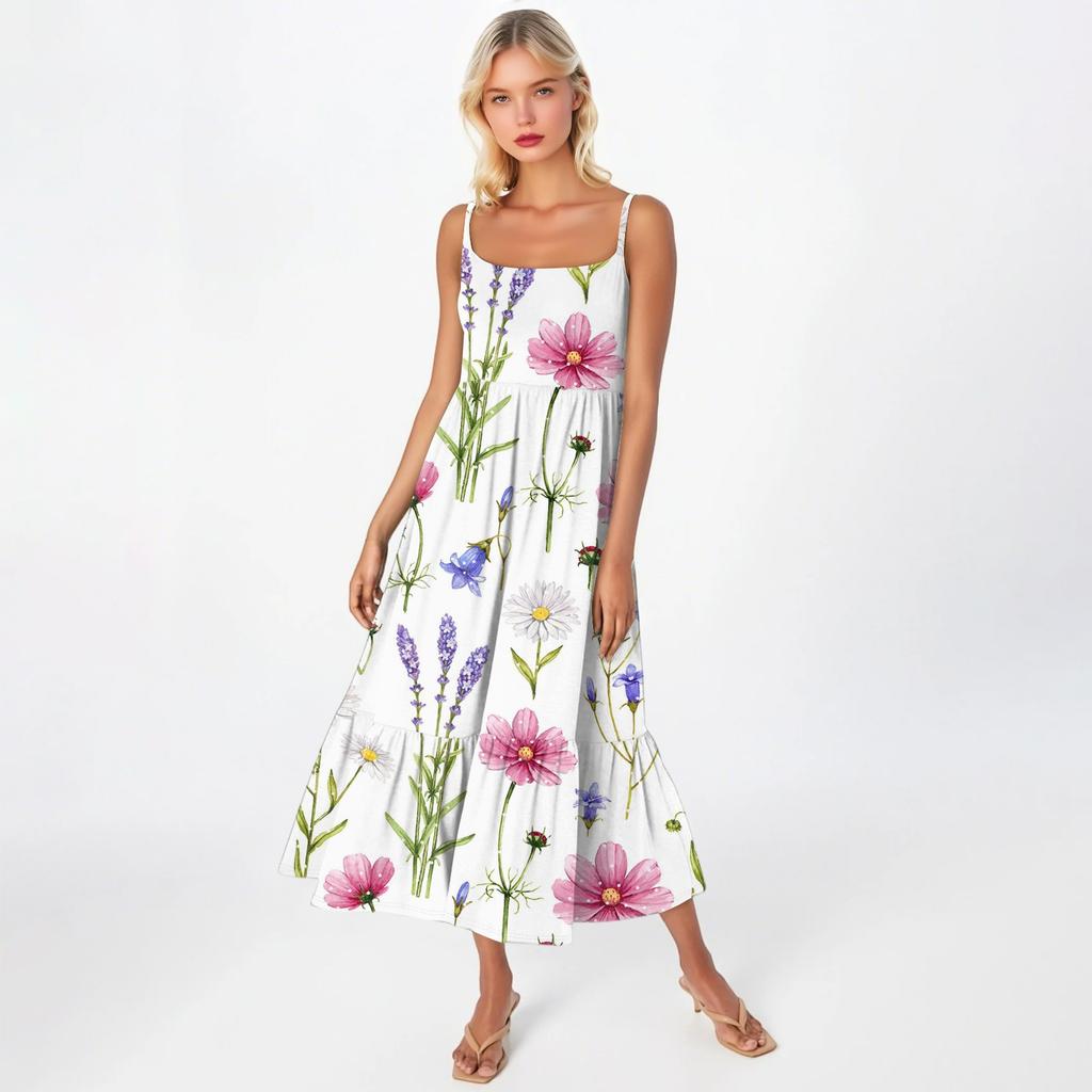 Женское длинное пляжное повседневное элегантное платье макси на тонких бретельках с цветочным принтом, струящееся платье в стиле бохо