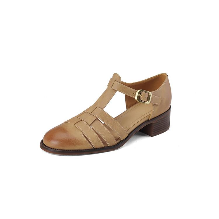 Мода 2025 Новые летние сандалии из спилковой кожи Французские ретро женские туфли Массивный каблук Круглый носок Сандалии Туфли Ручной работы Повседневные женские туфли-лодочки