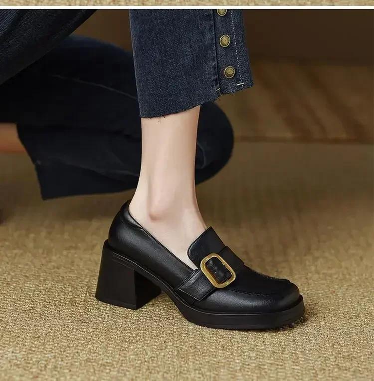 Мода 2024 года, женские туфли на платформе, туфли-оксфорды на среднем каблуке, туфли-лодочки без застежек, квадратный носок, ретро, высокий каблук, черные, весенние, новые кожаные туфли на каблуках