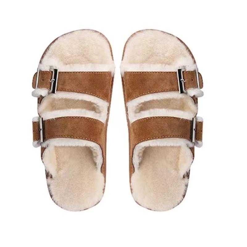 Мода 2025 Пряжка для ремня Шерстяные тапочки Женские туфли из искусственной замши Зимние пушистые шлепанцы Женские балетки Повседневные слипоны Шерстяные пантуфли для дома