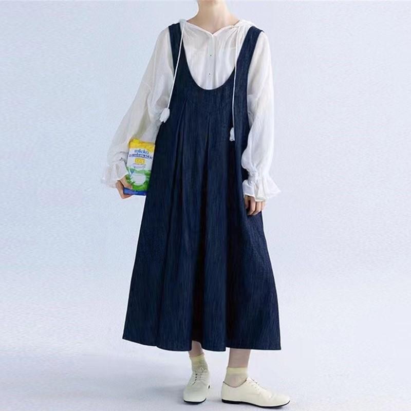 Johnature Japanese Denim Strap Dresses Autumn Loose Casual Lace Layered Sleeveless Casual Vest Dresses