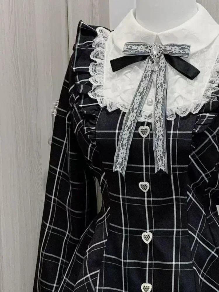 Платья в клетку Harajuku Sweet Bow Black, универсальное облегающее платье в стиле кавайной Лолиты для женщин, осеннее платье с длинными рукавами