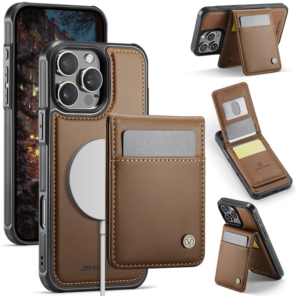 For iPhone 15 Pro Max Leather Back Cover Compatible with MagSafe JEEHOOD J06 Phone Case with Card Bag RFID Blocking
