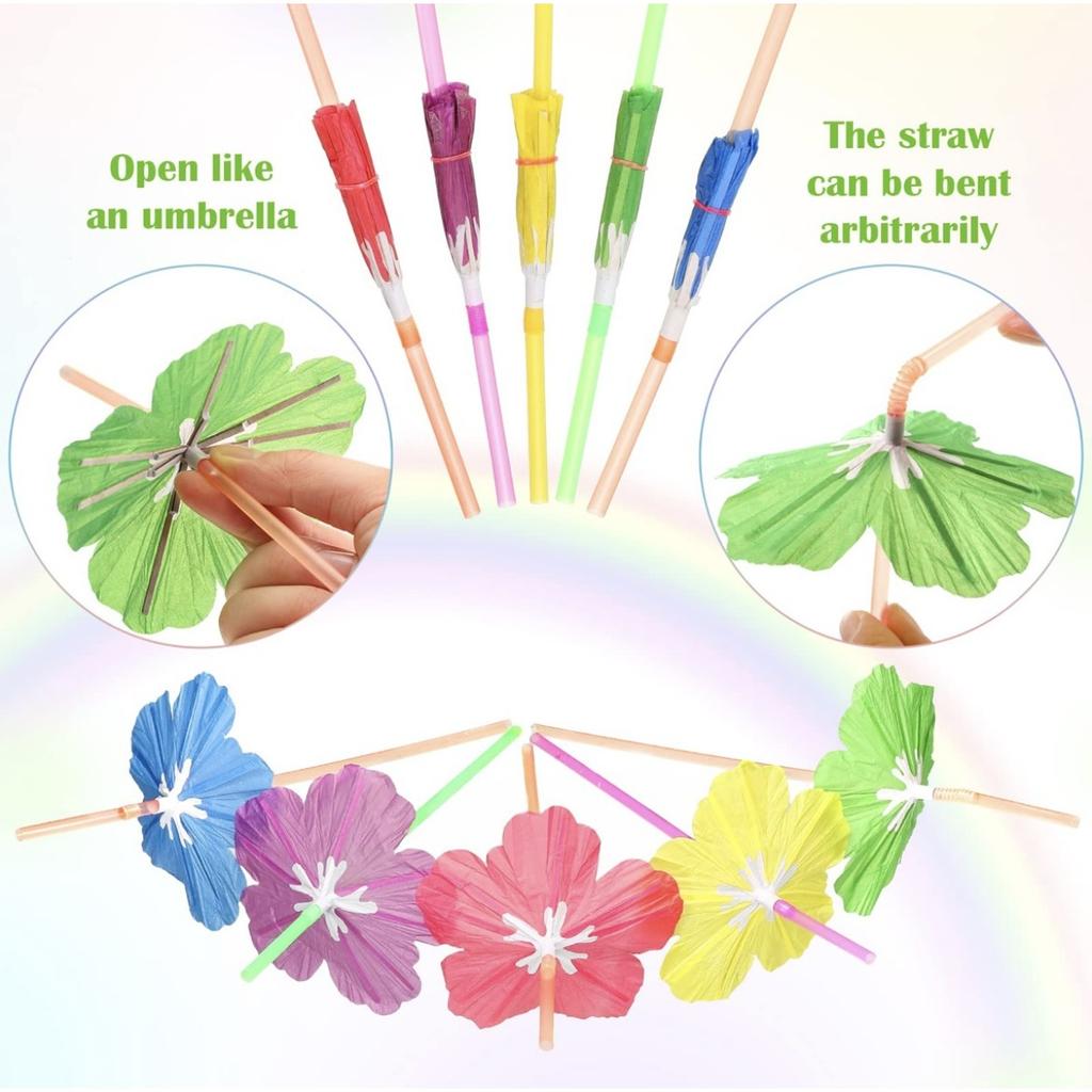 50 Pieces Umbrella Summer Beach Luau Tropical Straws for Drinks Hawaiian Cocktails Umbrella Straws Drinks Party Decorations Supply(Hibiscus)