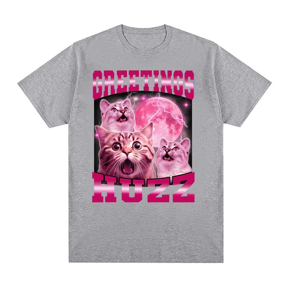 Greetings Huzz Funny Cat Gen Z Gen Alpha Slang Meme T Shirt Fashion Retro Short Sleeve T-shirts Men Women Casual Cotton T-shirts