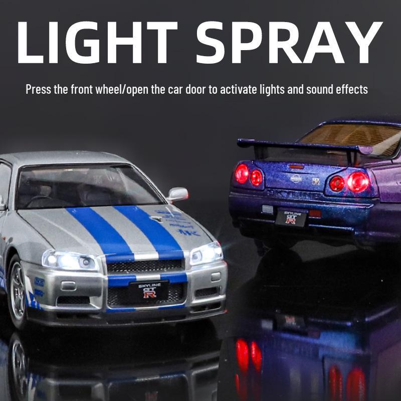 1:Игрушечная модель автомобиля 24 Alloy GTR R34 со звуком, светом, открывающимися дверями, управлением четырьмя колесами и инерционным механизмом