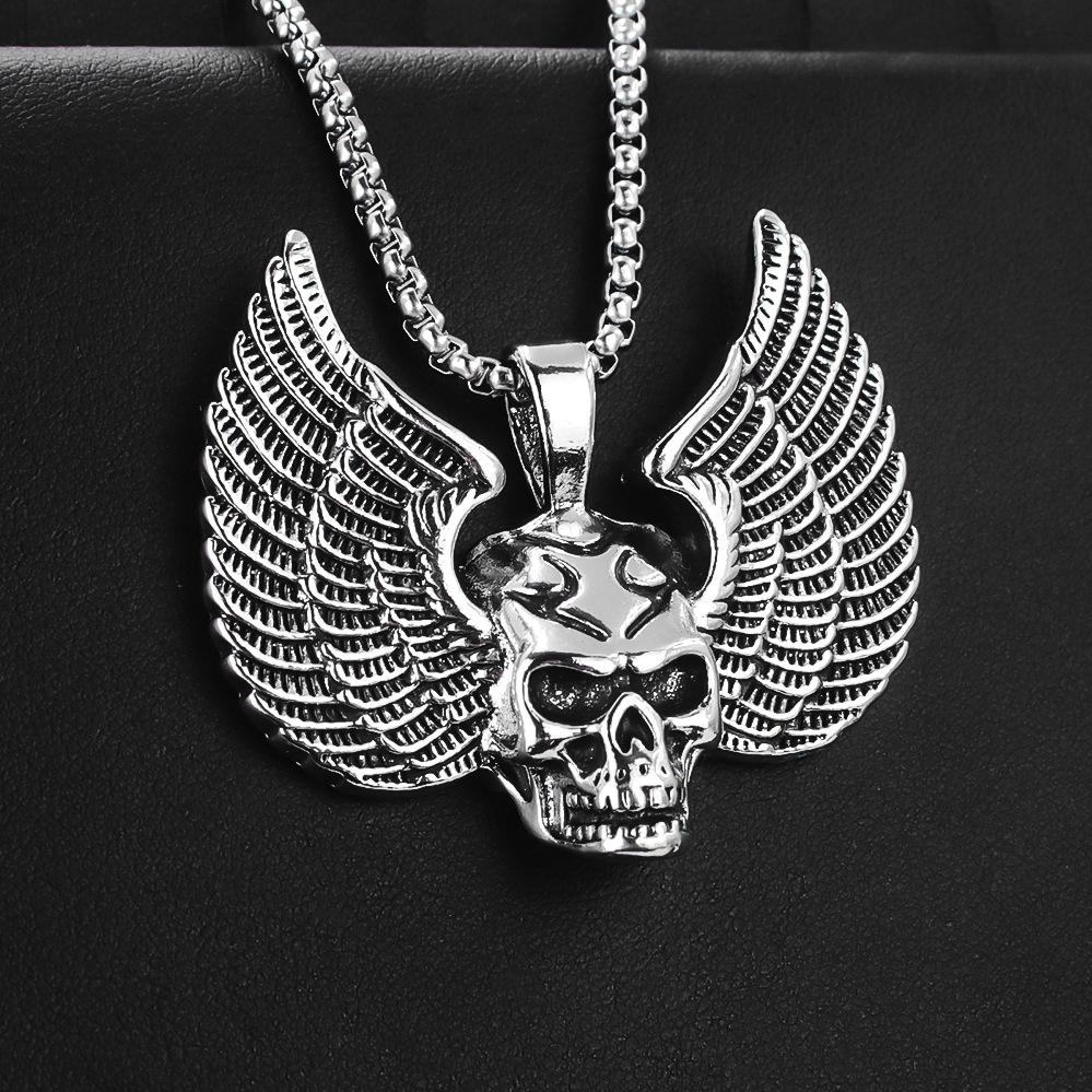 Hip Hop Vintage Wings Skull Pendant Necklace for Women Men Retro Silver Color Stainless Steel Box Chain Neck Rock Jewelry Gifts