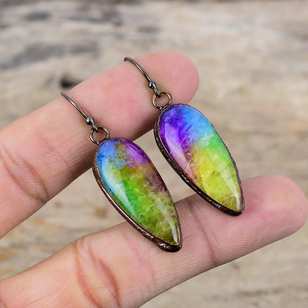Радужные солнечные кварцевые серьги-друзы, медные серьги, полученные гальваническим способом, серьги с драгоценными камнями, серьги ручной работы, гальванические медные ювелирные изделия, подарок для нее