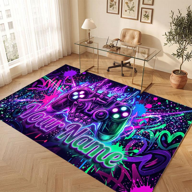 Game Controller Theme Crystal Velvet Floor Rug Personalized Custom Name Text Warm Carpet Home Decoration