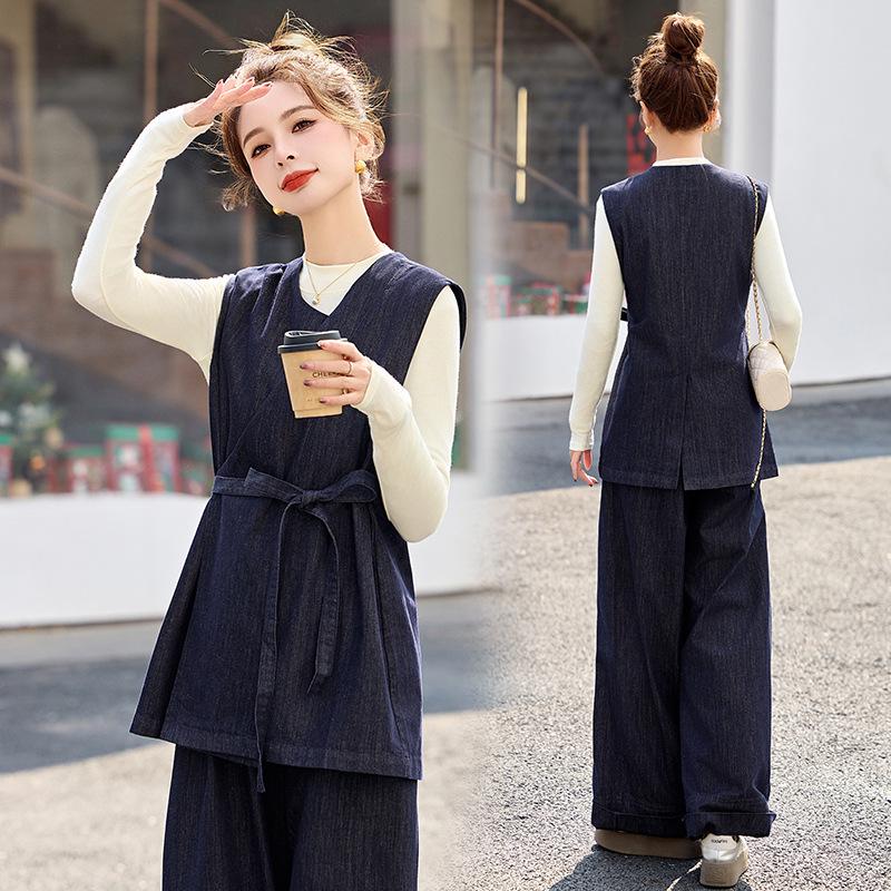 Spring 2025 Fashionable Three-Piece Set: Stylish Base Shirt, Denim Vest, & Long Pants