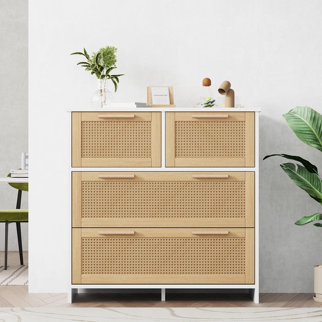 High-quality 4-drawer rattan cabinet with solid wood handles - Suitable for bedroom, living room, dining room, hallway - Dimensions: W80/H80/D38 cm