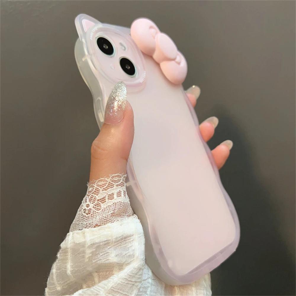 Корейский Милый Розовый Бант 3D Кошачьи Ушки Волнистый Прозрачный Чехол Для iPhone 17 16 15 14 13 Pro Max Прекрасная Эстетика Ударопрочный Мягкий Чехол