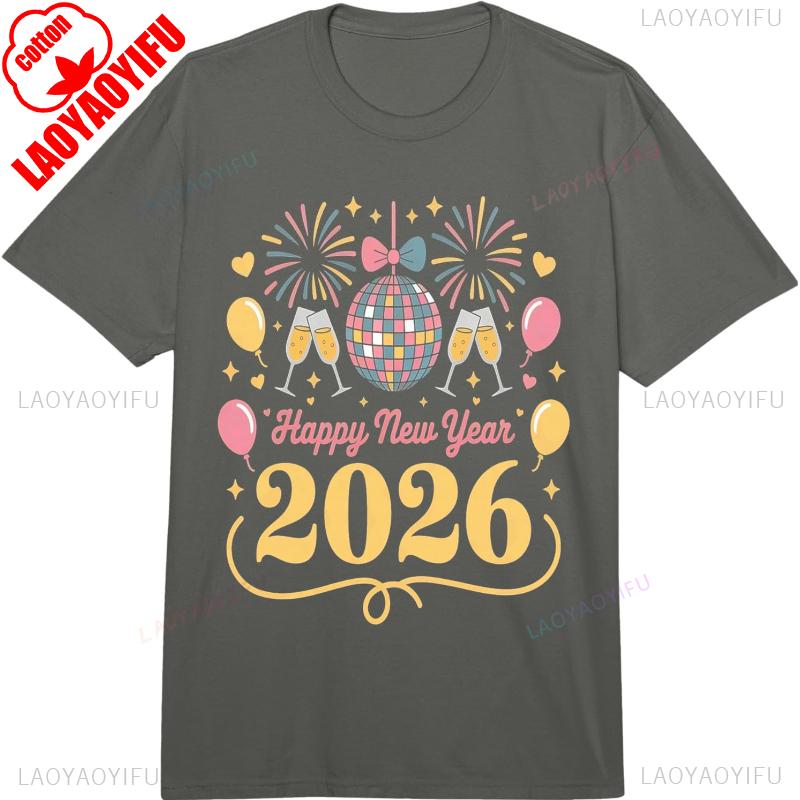 С Новым Годом 2026 Праздничная Вечеринка Любитель Шар Фейерверк Хлопковый Топ с Коротким Рукавом Все Сезоны Повседневная Мода Удобные Футболки