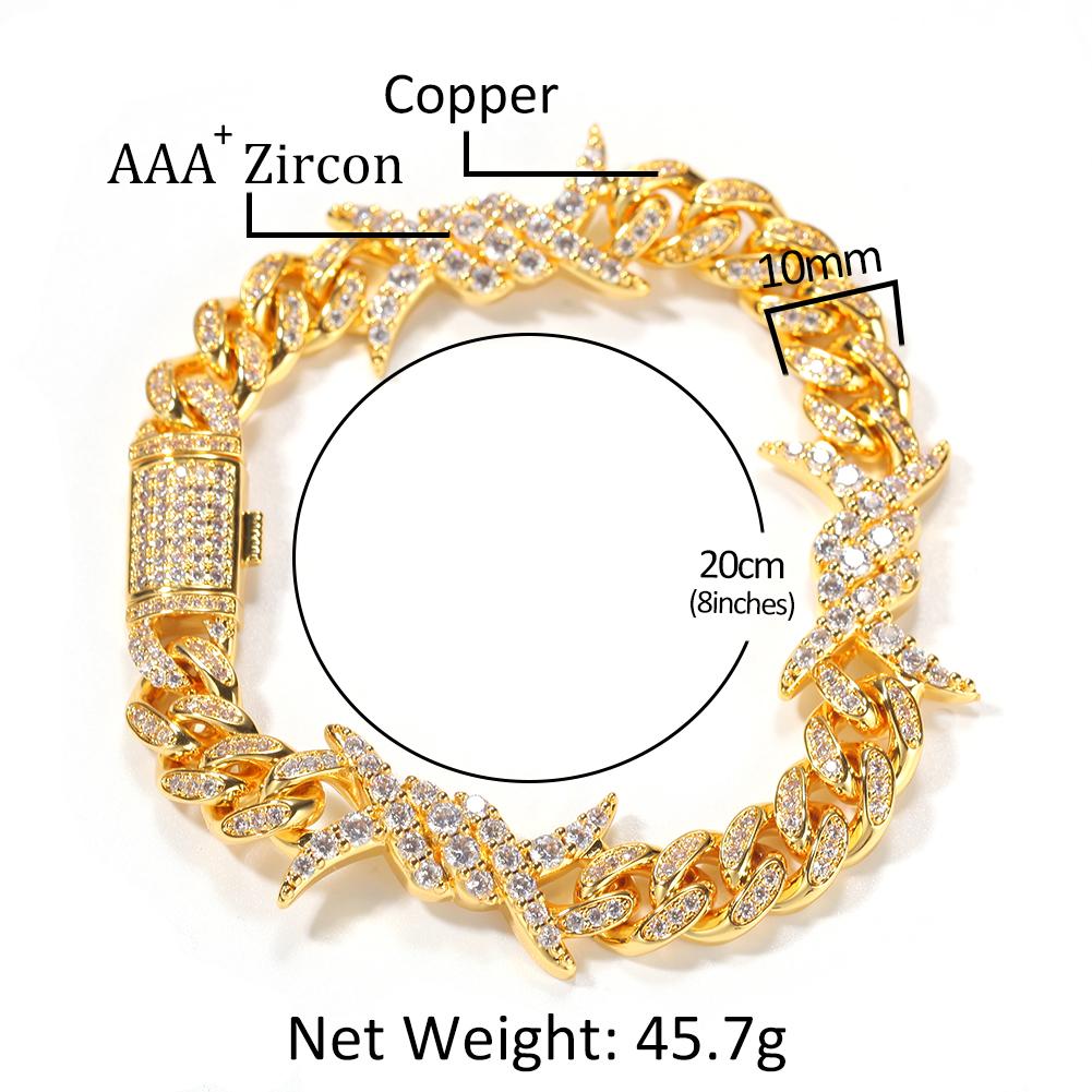 New Designs CZ Twist Thorn Cuban Link Chain Bracelet 10mm Cuban Chain 18K Gold Plating of Rapper Jewelry
