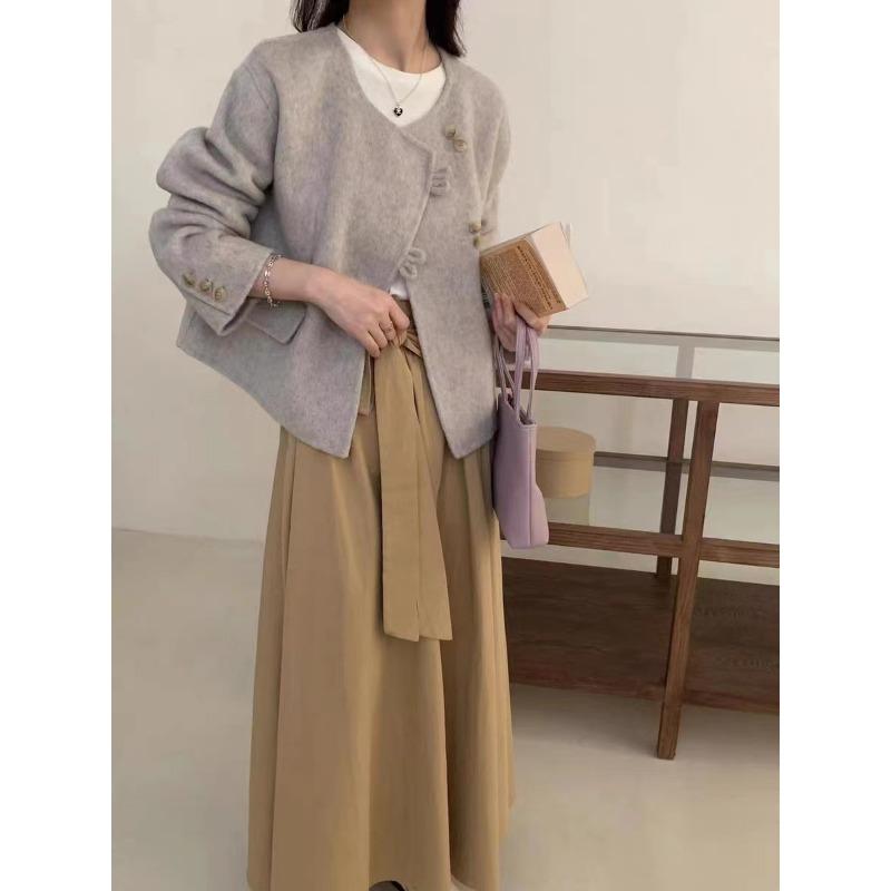 Latest Korean Style Round Neck Double-sided Wool Coat Short Style for Small and Trendy Women's