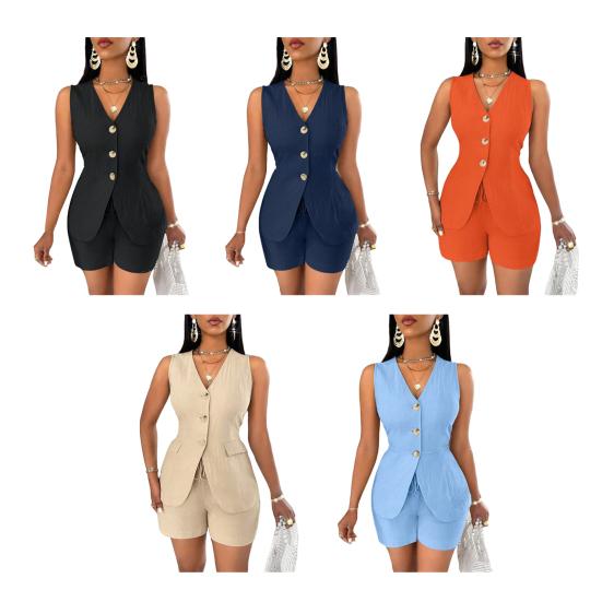 Женский летний комплект из 2 предметов без рукавов с V-образным вырезом и пуговицами, жилет, топ, шнуровка, шорты, повседневный офисный женский деловой костюм