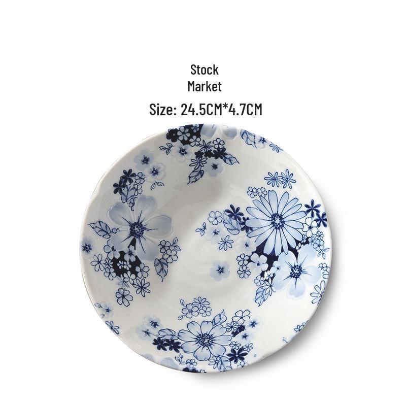 Керамическая миска Mino Ware, расписанная вручную в сине-белых тонах - Японская рельефная посуда для суши и супа.