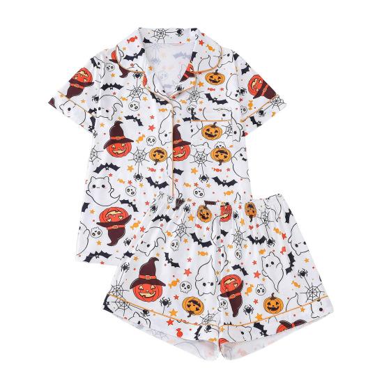 Комплект женской пижамы на Хэллоуин с принтом призрака и тыквы, рубашки с коротким рукавом на пуговицах и шорты, комплект одежды для сна из 2 предметов, домашняя одежда, короткий комплект пижамы