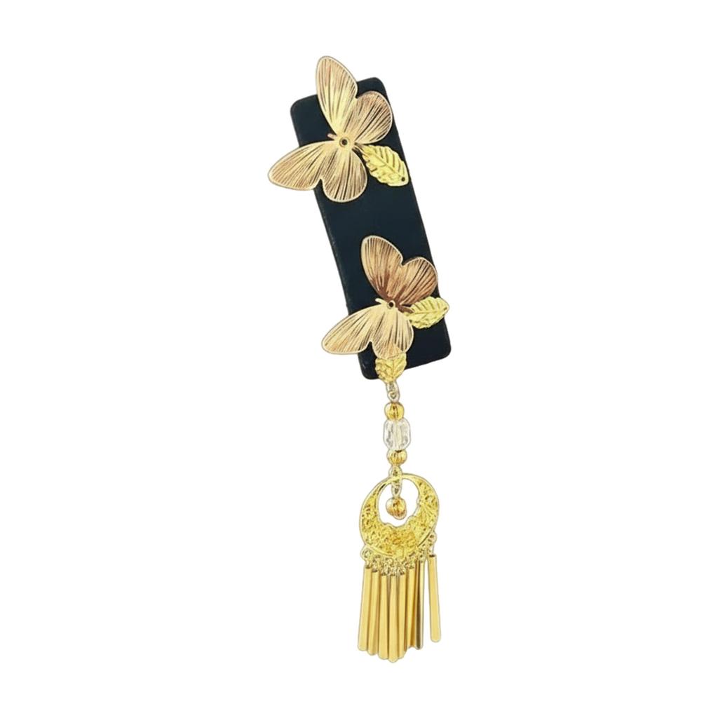 Double Butterfly Hair Clip with Tassel Alloy Gold Plated Clasp for Women New Chinese Style Accessory