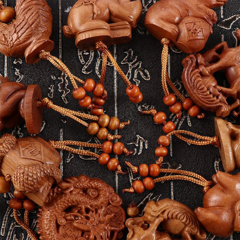 Car Key Ring Gift Key Chain Lucky Mascot Mahogany Engraving Wood Keyring Chinese 12 Zodiac Keychain
