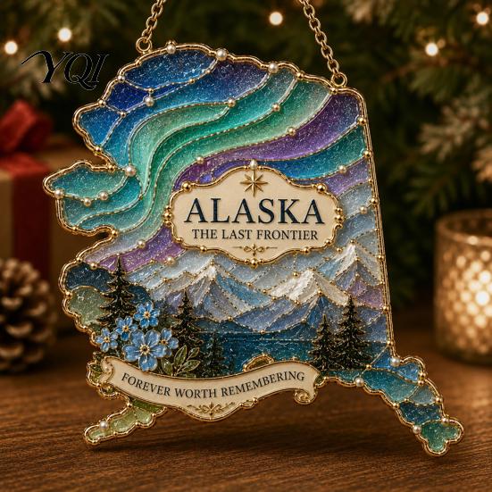 Indoor Outdoor Xmas Hanging Ornaments State Heritage Christmas Ornaments, Acrylic Sea Glass America States Tree Pendant Decoration for Tree,