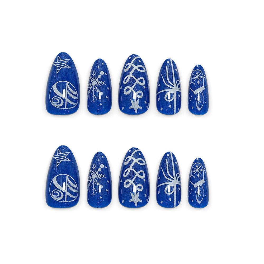 Advanced Fantasy Sapphire Blue Cat Eye Manicure, Snowflake Star Lines, Christmas Wear Nails, Winter Atmosphere Fake Nails