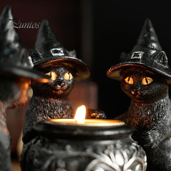 Подсвечник в виде черного кота, смоляной подсвечник в виде кошек на Хэллоуин с ведьмиными шляпами, винтажный подсвечник, настольное украшение, подарок для любителей кошек
