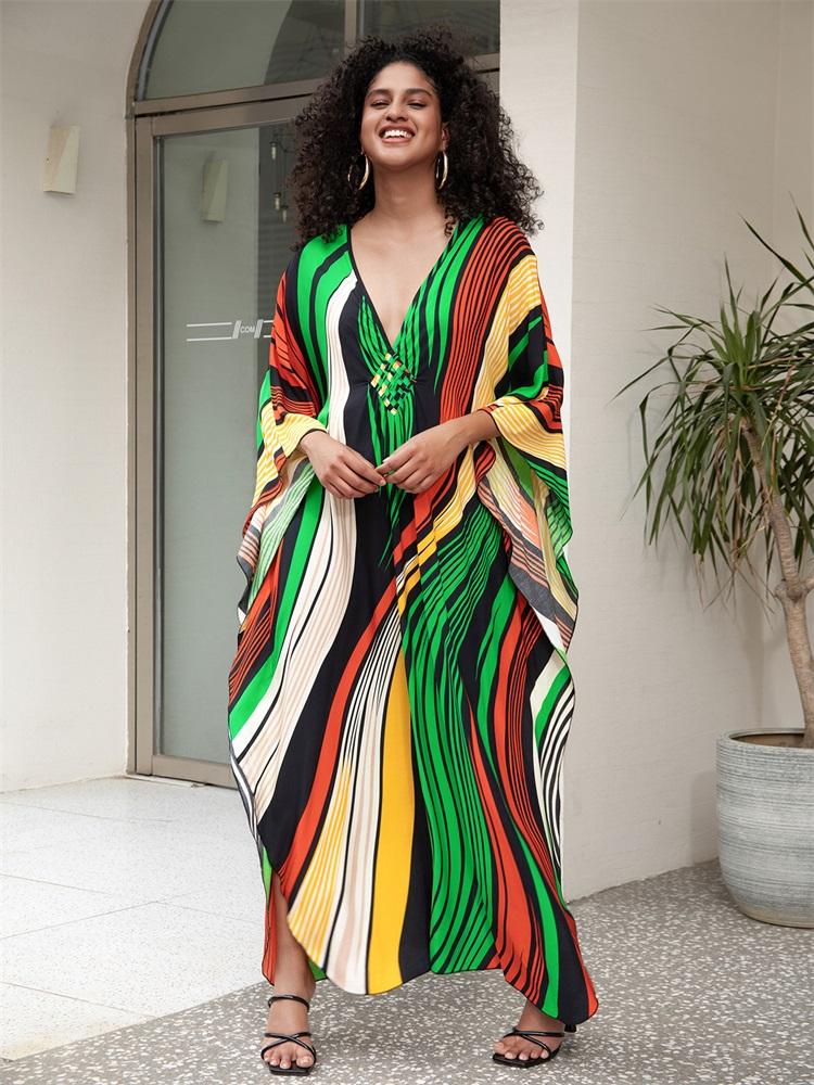 EDOLYNSA Boho Women's Plus Size Kaftan Beach Maxi Dress Summer Striped Print Beachwear Swimsuit Cover Up V-neck Loose House Dresses Q1628