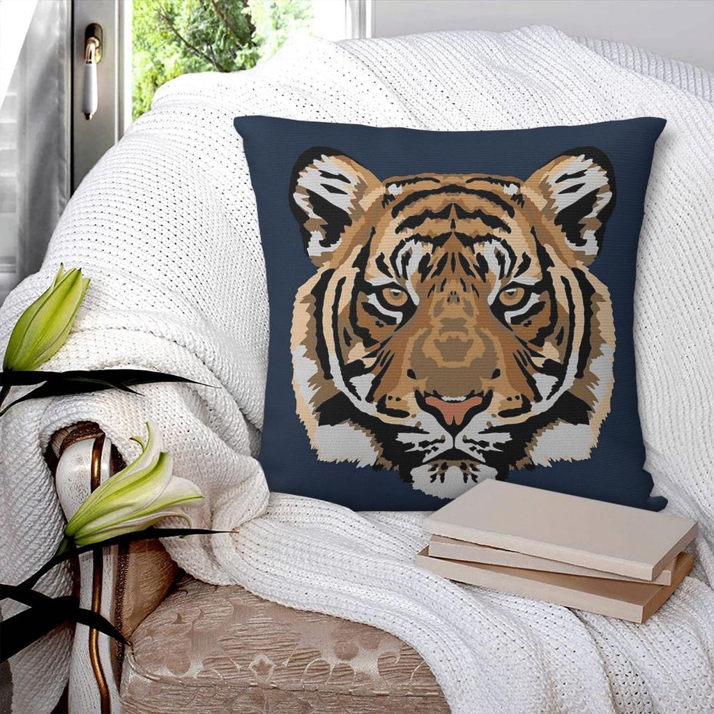 Tiger Face Square Pillowcase Polyester Linen Velvet Printed Zip Decor Room Cushion Cover