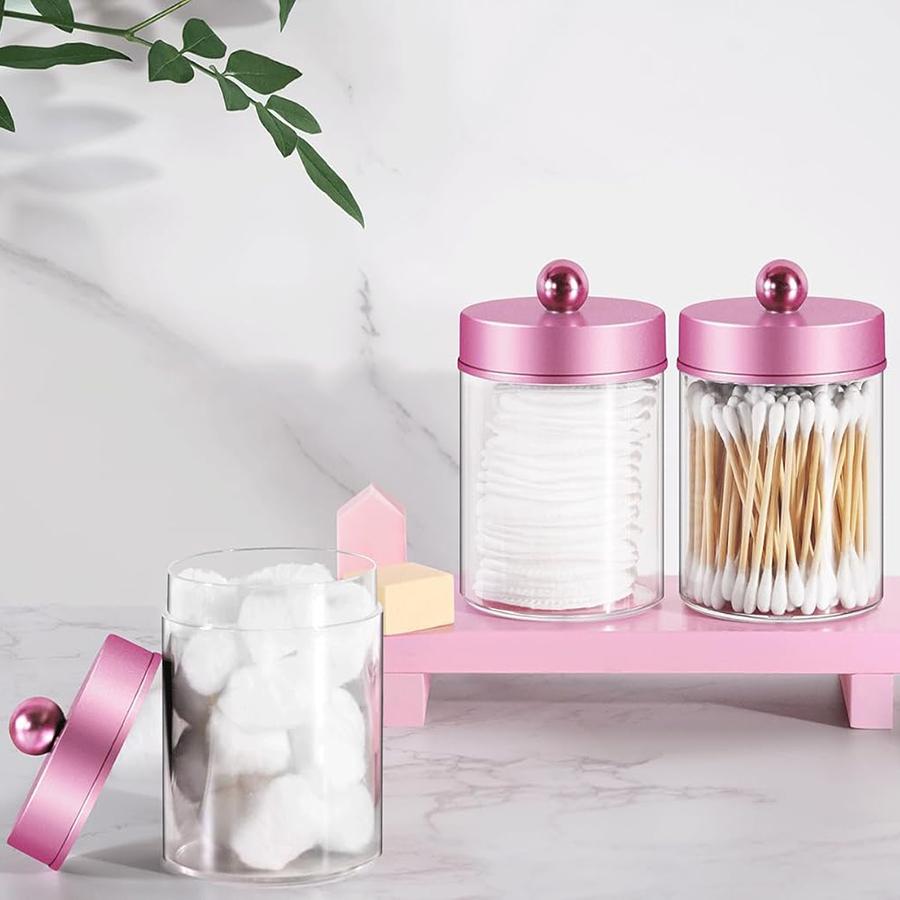 3/4/6 Pack Clear Storage Box Canister Qtip Holder Apothecary Jars with Pink Lids, Bathroom Organizers for Cotton Balls,Swabs