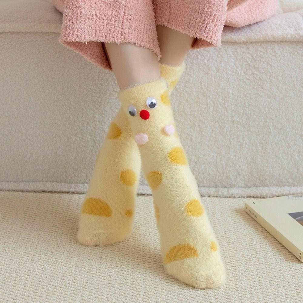 Cute Eyes Plush Dot Socks Soft Thicken Warm Socks Ins Mink Fur Socks  Girls