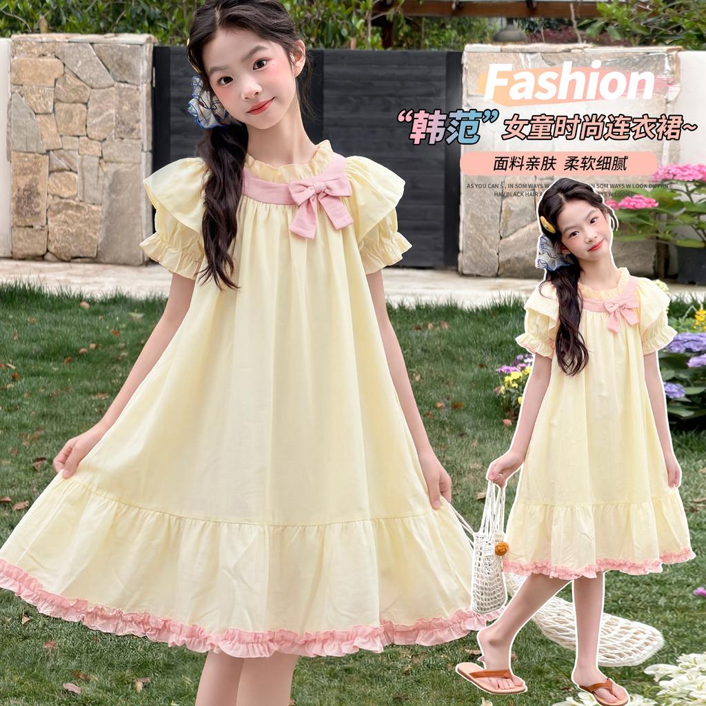 Girls' Summer Dress Korean Style with Bubble Sleeves and Ruffled Princess Skirt