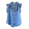 Джинсовая рубашка с оборками женская V-образный воротник без рукавов планка на пуговицах топы однотонный
