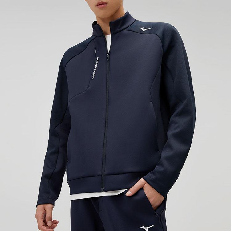 Mizuno Essential Series Logo Print Stand Collar Zip Comfortable Casual Sports Long Sleeve Jacket Men Jacket Midnight-Blue K2CC41A114