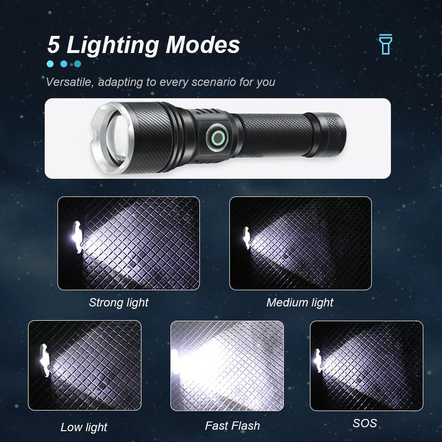 Most Powerful 500W Flashlight Ultra Bright Long Shot Torch Rechargeable LED Zoom Flashlight Outdoor Emergency Camping Torch